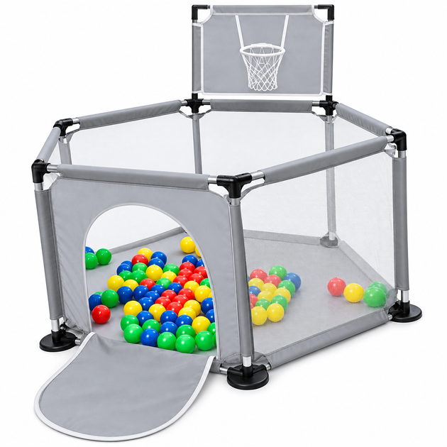Манеж детский игровой с баскетбольным кольцом, 10 шаров Серый - Фото 1 Манеж детский игровой с баскетбольным кольцом, 10 шаров Серый - изображение 1