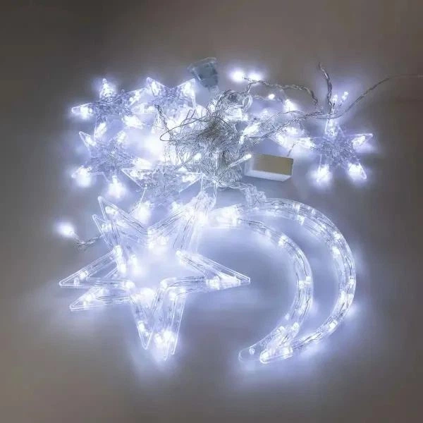 Світлодіодна гірлянда-штора Місяць та зірки 3×0,9 м 108 LED 12 фігур з 8 режимами IP44, Новорічна світлова завіса від мережі 220 В для декоративного освітлення вікон, стін, фотозон та святкового декору, Білий - изображение 6
