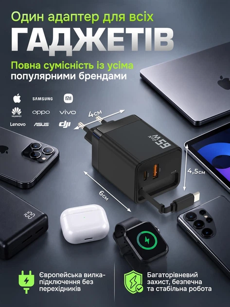 Сетевое зарядное устройство LEXEGO 65W быстрая зарядка GaN PD QC3.0 с выдвижным USB Type-C кабелем 65см для телефона универсальный блок питания для Samsung Xiaomi iPhone самсунга для ноутбука планшета черный (RC65-B) - Фото 4 Сетевое зарядное устройство LEXEGO 65W быстрая зарядка GaN PD QC3.0 с выдвижным USB Type-C кабелем 65см для телефона универсальный блок питания для Samsung Xiaomi iPhone самсунга для ноутбука планшета черный (RC65-B) - изображение 4
