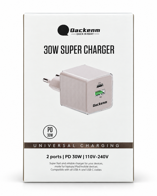 Мережевий зарядний пристрій Qackenm GaN 30W USB-C PD/PPS + USB-A, 2 порти, Black (P858-GAN330W-EU) (COPY) - Фото 1 Мережевий зарядний пристрій Qackenm GaN 30W USB-C PD/PPS + USB-A, 2 порти, Black (P858-GAN330W-EU) (COPY) - изображение 1