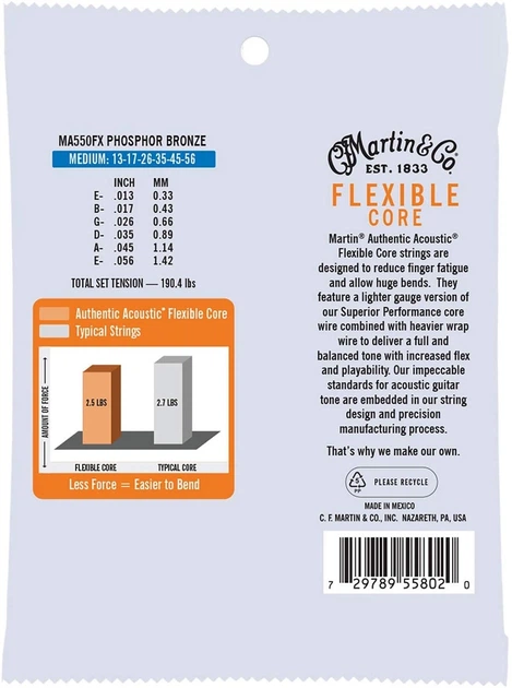 Струны для акустической гитары Martin MA550FX Flexible Core Phosphor Bronze Medium 13/56 - изображение 2