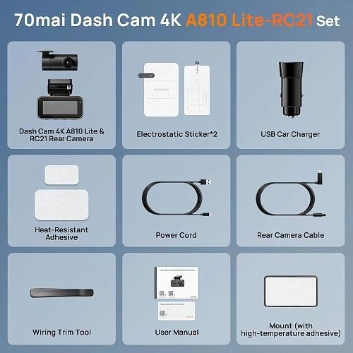 Автомобильный видеорегистратор комплект Xiaomi 70mai Dash Cam A810 Lite 4K Global + задняя камера Rear Cam RC21 (управление со смартфона) - изображение 11