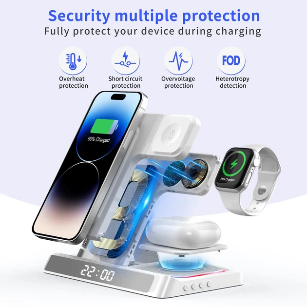 Беспроводная зарядка для Apple Watch iPhone Airpods 4 в 1 Док-станция с часами и ночником - Фото 5 Беспроводная зарядка для Apple Watch iPhone Airpods 4 в 1 Док-станция с часами и ночником - изображение 5