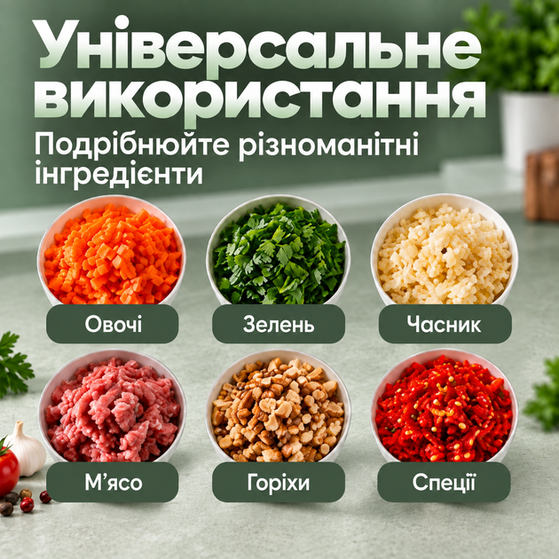 Подрібнювач кухонний електричний бездротовий для овочів спецій цибулі часнику зелені горіхів м'яса та фаршу чоппер міні блендер подрібнювач акумуляторний USB 250 мл 2000 об/хв зі знімними ножами прозора чаша зелений Kayfovo - зображення 5