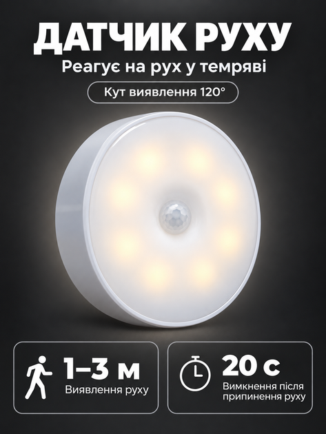 LED-ночник (светильник, лампа) с датчиком движения и освещения (холодный/теплый) на аккумуляторе, Ø 8,5см (LED-8SM-HT) - изображение 3