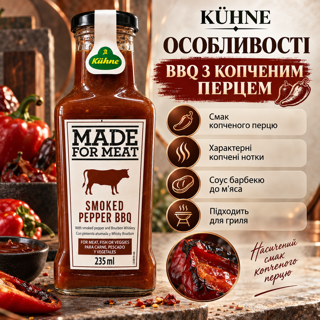 Соус барбекю Kühne 235 мл с копченым перцем BBQ соус к мясу густой соус для стейков шашлыка бургеров гриля колбасок сэндвичей картофеля - Фото 2 Соус барбекю Kühne 235 мл с копченым перцем BBQ соус к мясу густой соус для стейков шашлыка бургеров гриля колбасок сэндвичей картофеля - изображение 2