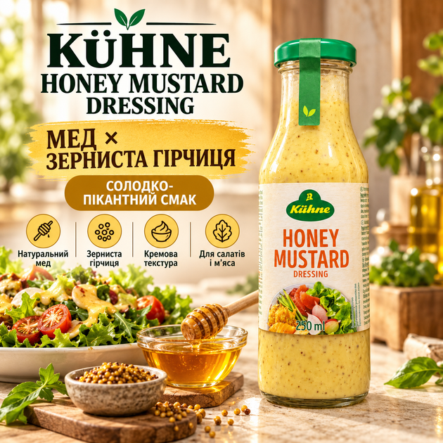 Горчичный соус Kühne 250 мл медово-горчичный салатный дрессинг с натуральным медом зернистой горчицей и винным уксусом кремовый соус для салатов мяса курицы рыбы гриля - Фото 1 Горчичный соус Kühne 250 мл медово-горчичный салатный дрессинг с натуральным медом зернистой горчицей и винным уксусом кремовый соус для салатов мяса курицы рыбы гриля - изображение 1