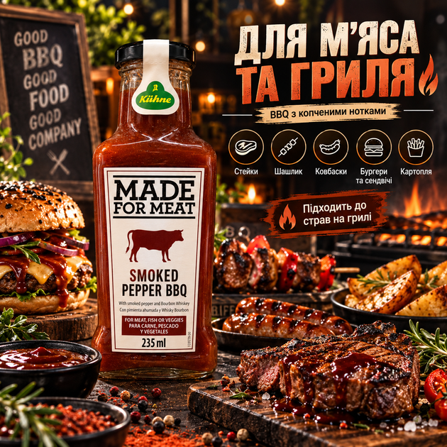 Соус барбекю Kühne 235 мл с копченым перцем BBQ соус к мясу густой соус для стейков шашлыка бургеров гриля колбасок сэндвичей картофеля - Фото 4 Соус барбекю Kühne 235 мл с копченым перцем BBQ соус к мясу густой соус для стейков шашлыка бургеров гриля колбасок сэндвичей картофеля - изображение 4