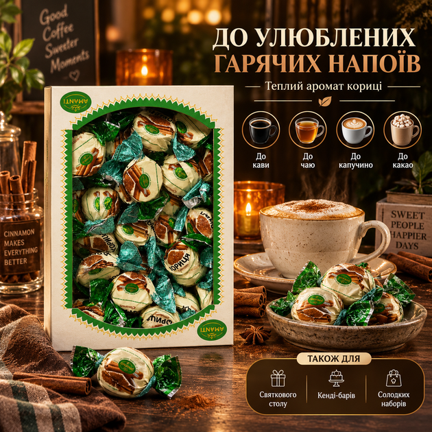 Цукерки Amanti 1 кг з корицею вагові десертні цукерки з пряним ароматом кориці солодощі до чаю кави какао капучино для подарункових наборів кенді-бару святкового столу - Фото 4 Цукерки Amanti 1 кг з корицею вагові десертні цукерки з пряним ароматом кориці солодощі до чаю кави какао капучино для подарункових наборів кенді-бару святкового столу - зображення 4
