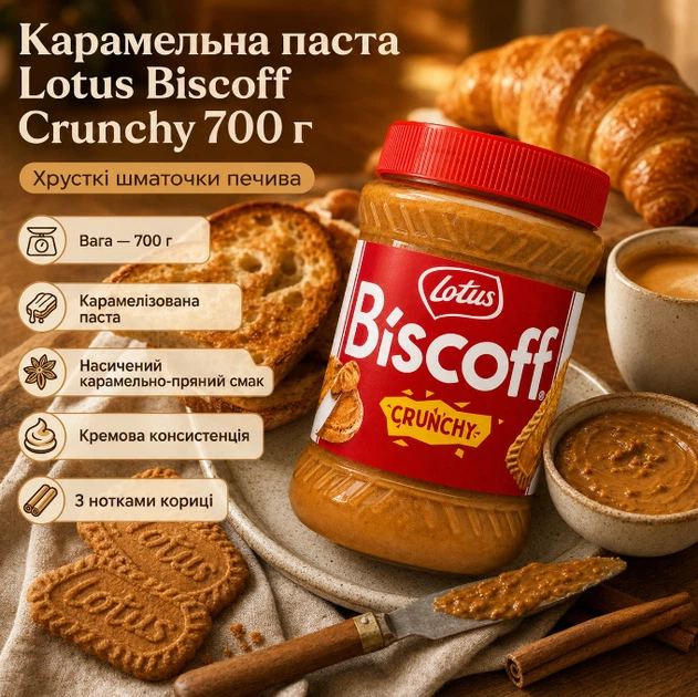 Карамельная паста Lotus Biscoff Crunchy 700 г с хрустящими кусочками печенья кремовая карамелизированная намазка с корицей для тостов блинов панкейков вафель круассанов чизкейков тортов выпечки десертов мороженого коктейлей - изображение 2