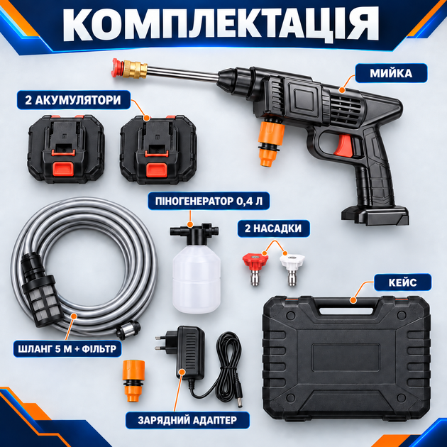 Акумуляторна мийка високого тиску 48 В 30 бар 1000 Вт, бездротова автомийка 240 л/год з 2 АКБ, шлангом 5 м, піногенератором і кейс - изображение 2