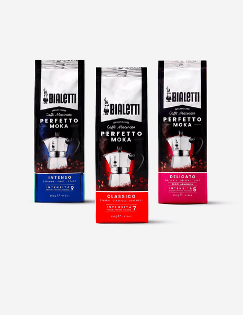 Набор молотого кофе Bialetti Perfetto Moka Trio, 3 × 250 г - Фото 1 Набор молотого кофе Bialetti Perfetto Moka Trio, 3 × 250 г - изображение 1