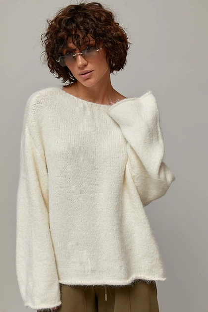 Мохеровый джемпер oversize с широкой горловиной цвет белый размер ONE SIZE FL_003577 - Фото 1 Мохеровый джемпер oversize с широкой горловиной цвет белый размер ONE SIZE FL_003577 - изображение 1