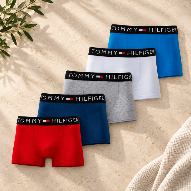 Набор мужского белья TOMMY HILFIGER 5 шт размер L, хлопковые трусы боксеры разных цветов в коробке - Фото 2 Набор мужского белья TOMMY HILFIGER 5 шт размер L, хлопковые трусы боксеры разных цветов в коробке - изображение 2