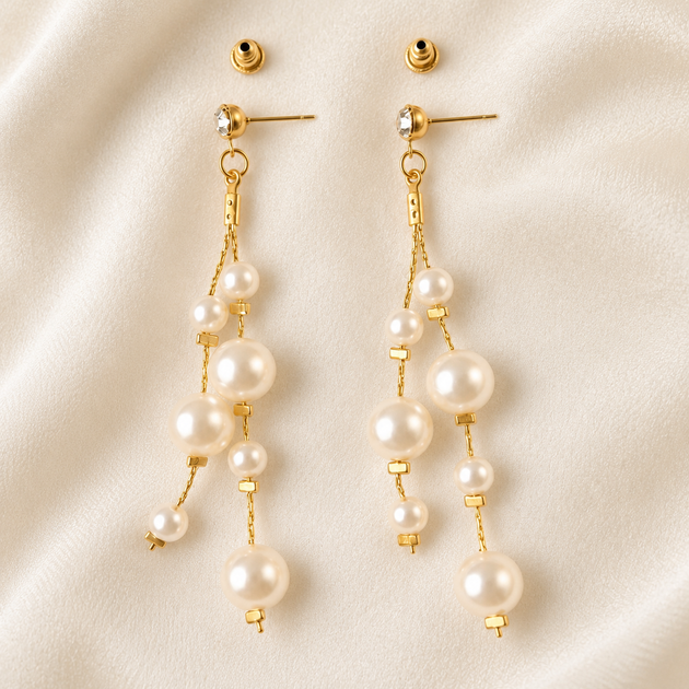 Сережки з підвіскою штучні перли на золотистій нитці, світло-молочні - Фото 1 Сережки з підвіскою штучні перли на золотистій нитці, світло-молочні - зображення 1