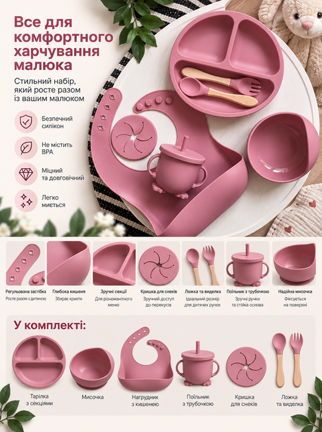 Набор для кормления детский силиконовый 7 предметов (тарелка секционная, миска, поильник, крышка для снеков, ложка, вилка, слюнявчик) тёмно-розовый - изображение 6