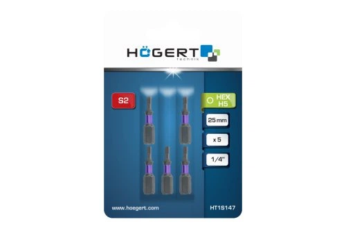 Біта ударна, HEX5, 25, HT1S147 уп 5 шт Hoegert - Фото 2 Біта ударна, HEX5, 25, HT1S147 уп 5 шт Hoegert - изображение 2