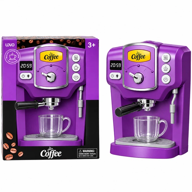 Детская игрушечная кофемашина рожковая Toy Coffee Maker фиолетовая, кофейный аппарат на батарейках с верёвкой и чашкой - Фото 3 Детская игрушечная кофемашина рожковая Toy Coffee Maker фиолетовая, кофейный аппарат на батарейках с верёвкой и чашкой - изображение 3