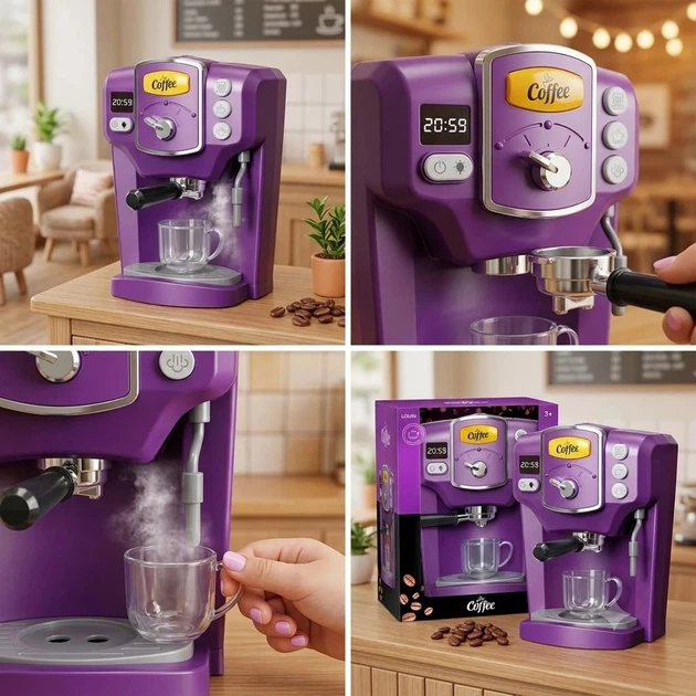 Детская игрушечная кофемашина рожковая Toy Coffee Maker фиолетовая, кофейный аппарат на батарейках с верёвкой и чашкой - Фото 7 Детская игрушечная кофемашина рожковая Toy Coffee Maker фиолетовая, кофейный аппарат на батарейках с верёвкой и чашкой - изображение 7