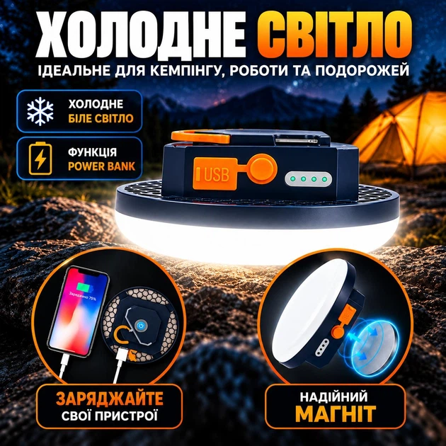 Фонарь лампа мощный светильник аккумуляторный фонарик 6600 мАгод светодиодный павербанк на батарее туристический влагозащищенный с функцией Power Bank кемпинговый беспроводной походный ночник с магнитом USB Type-C холодный свет - изображение 13