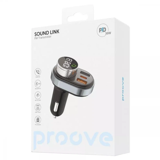 FM-модулятор Proove Launcher Sound Link QC3.0 + PD 30W Bluetooth 5.4 Type-C USB TF Hands Free, чорний - зображення 2