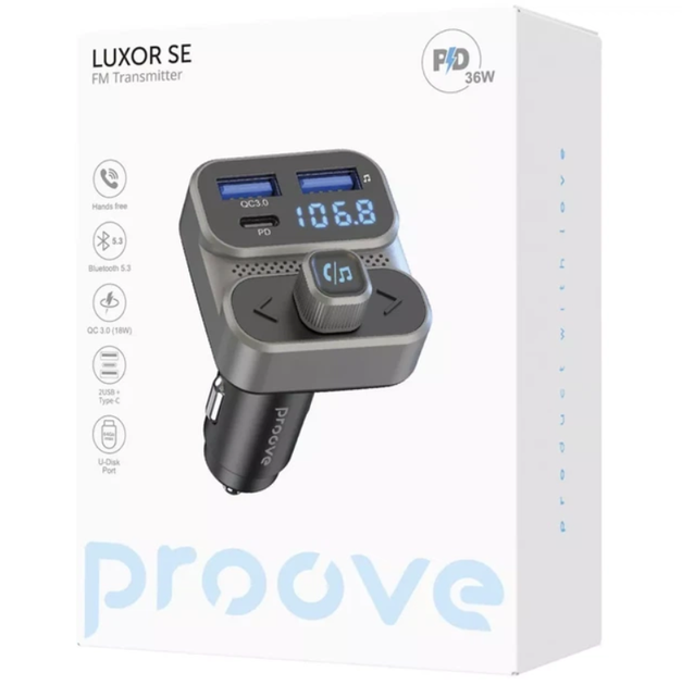 FM-модулятор Proove Luxor SE QC3.0 + PD 36W Bluetooth 5.3 Type-C USB Hands Free, сірий - зображення 4