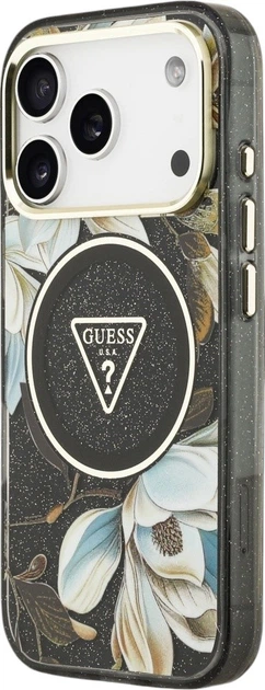 Etui plecki Guess IML Glitter Flowers Triangle MagSafe do Apple iPhone 17 Pro / 18 Pro Black (GUHMP18LHFLPEDK) - obraz 2
