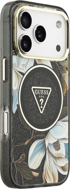 Etui plecki Guess IML Glitter Flowers Triangle MagSafe do Apple iPhone 17 Pro / 18 Pro Black (GUHMP18LHFLPEDK) - obraz 4