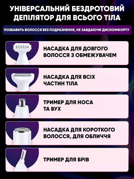 Епілятор жіночий депілятор 5в1 акумуляторний для гоління обличчя носа брів зони бікіні ніг та тіла - Фото 3 Епілятор жіночий депілятор 5в1 акумуляторний для гоління обличчя носа брів зони бікіні ніг та тіла - зображення 3