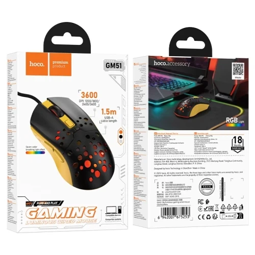 Миша Hoco GM51 "Sky", Black/Yellow, USB, оптична, 1200-3600 dpi, LED підсвічування (7 режимів), 6 кнопок, 1.5 м - Фото 6 Миша Hoco GM51 "Sky", Black/Yellow, USB, оптична, 1200-3600 dpi, LED підсвічування (7 режимів), 6 кнопок, 1.5 м - изображение 6