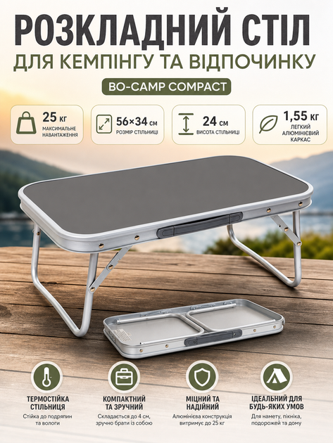 Стол туристический Bo-Camp Compact 56x34x24 см алюминий Grey - Фото 1 Стол туристический Bo-Camp Compact 56x34x24 см алюминий Grey - изображение 1