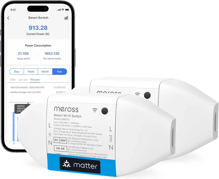 Розумний WiFi вимикач Meross Matter 16A з лічильником енергії, Alexa, Apple Home, Google Home, Home Assistant, 2 шт. - зображення 2