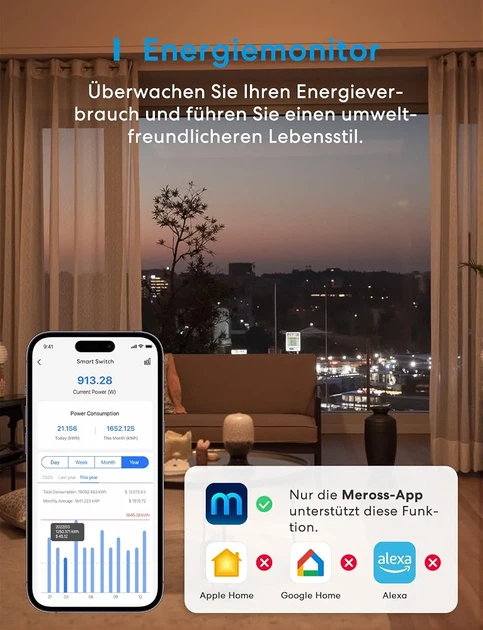 Розумний WiFi вимикач Meross Matter 16A з лічильником енергії, Alexa, Apple Home, Google Home, Home Assistant, 2 шт. - зображення 7
