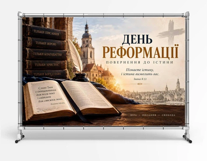 Баннер «День Реформации. Возвращение к истине. Ивана 8:32», размер 2х3м. С люверсами. - Фото 1 Баннер «День Реформации. Возвращение к истине. Ивана 8:32», размер 2х3м. С люверсами. - изображение 1