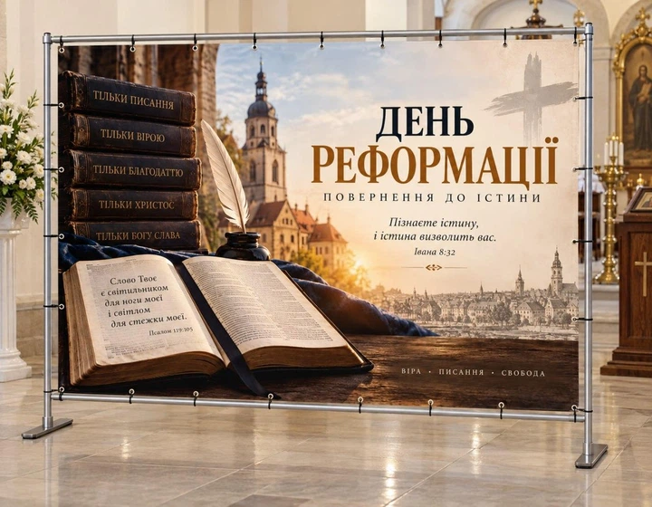 Баннер «День Реформации. Возвращение к истине. Ивана 8:32», размер 2х3м. С люверсами. - Фото 2 Баннер «День Реформации. Возвращение к истине. Ивана 8:32», размер 2х3м. С люверсами. - изображение 2