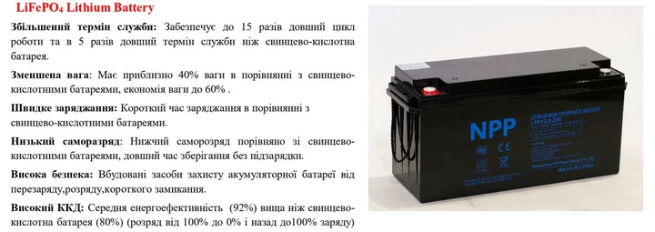 Акумулятор LiFePO4 12.8V 200 Ah 2560Wh 100A BMS NPP LFP12.8-200 (3000/7000 циклів при розряді 100/20%) - изображение 2