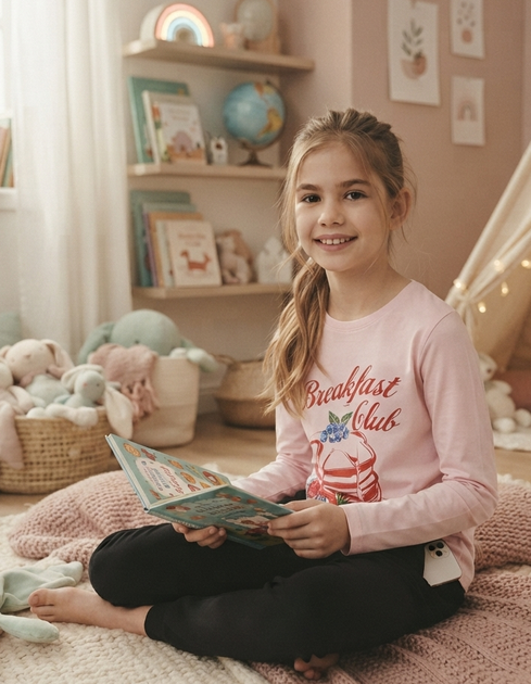 Дитяча піжама primark для дівчинки 9–10 років (зріст 140 см) — рожевий лонгслів із принтом «breakfast club» та чорні штани (100% котон) - Фото 2 Дитяча піжама primark для дівчинки 9–10 років (зріст 140 см) — рожевий лонгслів із принтом «breakfast club» та чорні штани (100% котон) - зображення 2
