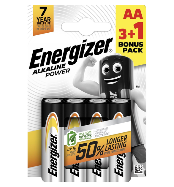 Батарейка ENERGIZER AA щелочная Alk Power AA LR6 пальчик 3+1 (4 шт) - Фото 1 Батарейка ENERGIZER AA щелочная Alk Power AA LR6 пальчик 3+1 (4 шт) - изображение 1