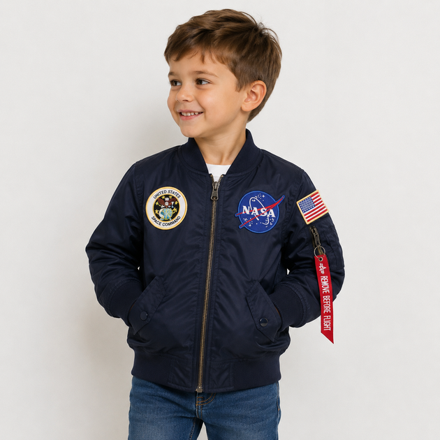 Стильна дитяча куртка-бомбер в стилі NASA (Темно-синій 125см ) - Фото 4 Стильна дитяча куртка-бомбер в стилі NASA (Темно-синій 125см ) - зображення 4