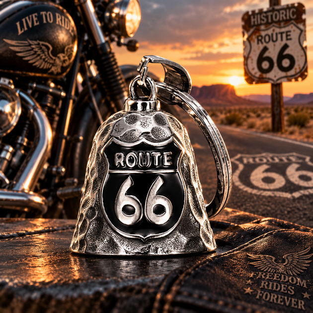 Мотоциклетный колокольчик удачи Шоссе Route 66 счастливый байкерский звонок брелок для байкеров - Фото 1 Мотоциклетный колокольчик удачи Шоссе Route 66 счастливый байкерский звонок брелок для байкеров - изображение 1