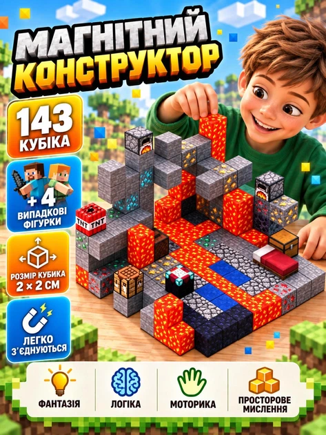 Магнітний конструктор Minecraft магнітні кубики у стилі Майнкрафт будівельний блочний 3D набір 143 магнітних блоків дитячий розвивальний для дітей хлопчиків і дівчаток іграшка з магнітами для творчості моделювання складання подарунка Magnetic - Фото 2 Магнітний конструктор Minecraft магнітні кубики у стилі Майнкрафт будівельний блочний 3D набір 143 магнітних блоків дитячий розвивальний для дітей хлопчиків і дівчаток іграшка з магнітами для творчості моделювання складання подарунка Magnetic - зображення 2