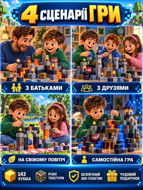 Магнітний конструктор Minecraft магнітні кубики у стилі Майнкрафт будівельний блочний 3D набір 143 магнітних блоків дитячий розвивальний для дітей хлопчиків і дівчаток іграшка з магнітами для творчості моделювання складання подарунка Magnetic - Фото 10 Магнітний конструктор Minecraft магнітні кубики у стилі Майнкрафт будівельний блочний 3D набір 143 магнітних блоків дитячий розвивальний для дітей хлопчиків і дівчаток іграшка з магнітами для творчості моделювання складання подарунка Magnetic - зображення 10