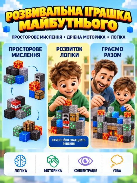 Магнітний конструктор Minecraft магнітні кубики у стилі Майнкрафт будівельний блочний 3D набір 143 магнітних блоків дитячий розвивальний для дітей хлопчиків і дівчаток іграшка з магнітами для творчості моделювання складання подарунка Magnetic - Фото 13 Магнітний конструктор Minecraft магнітні кубики у стилі Майнкрафт будівельний блочний 3D набір 143 магнітних блоків дитячий розвивальний для дітей хлопчиків і дівчаток іграшка з магнітами для творчості моделювання складання подарунка Magnetic - зображення 13