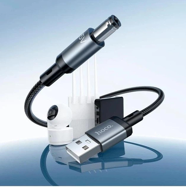 Кабель для живлення 5-вольтового WiFi роутера та модема від повербанка Hoco X129 USB-A to DC 5.5x2.5мм 5V 1 м у нейлоновому обплетенні Чорний - зображення 3