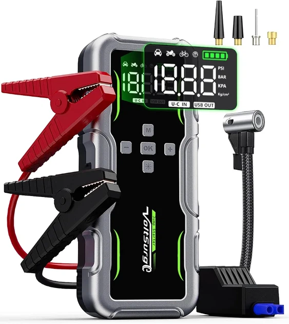Пусковой стартер VoltSurge 8000 А с компрессором 160 PSI, аккумуляторный джамп-стартер 12 В для бензиновых и дизельных автомобилей, автоматический насос для шин, LCD-дисплей, LED-фонарь - изображение 2