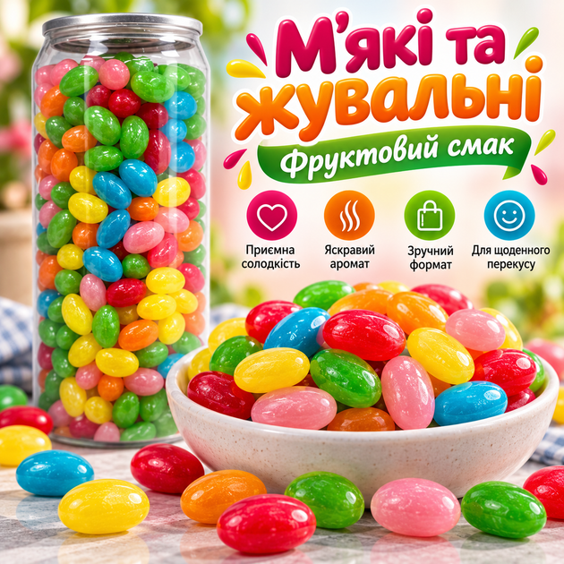 Фруктові драже 450 г жувальні цукерки з фруктовим смаком м’які солодощі власного виробництва ароматні драже для перекусу до чаю кави святкового столу - Фото 2 Фруктові драже 450 г жувальні цукерки з фруктовим смаком м’які солодощі власного виробництва ароматні драже для перекусу до чаю кави святкового столу - зображення 2