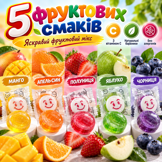 Конфеты смайлик без сахара 1 кг с витамином С фруктовые сладости с натуральными красителями микс вкусов манго апельсин клубника яблоко черника без аллергенов - Фото 2 Конфеты смайлик без сахара 1 кг с витамином С фруктовые сладости с натуральными красителями микс вкусов манго апельсин клубника яблоко черника без аллергенов - изображение 2
