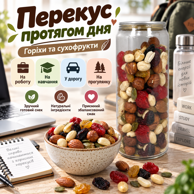 Суміш горіхів і сухофруктів 150 г натуральний горіхово-фруктовий мікс поживний снек для перекусу енергетичне асорті для сніданків каш йогуртів десертів - зображення 3