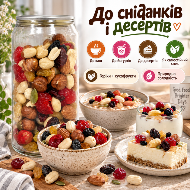 Суміш горіхів і сухофруктів 150 г натуральний горіхово-фруктовий мікс поживний снек для перекусу енергетичне асорті для сніданків каш йогуртів десертів - зображення 4