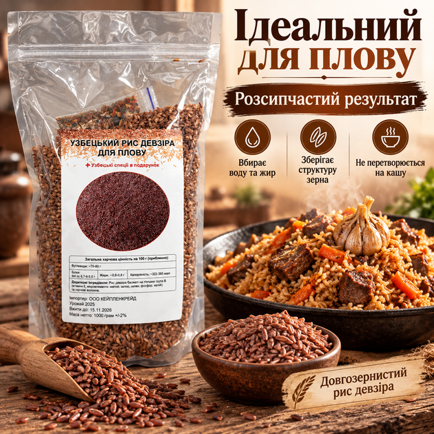 Рис девзіра 1000 г для узбецького плову довгозернистий рис крупа розсипчаста для гарнірів супів традиційних страв Zip-Lock зі спеціями - Фото 2 Рис девзіра 1000 г для узбецького плову довгозернистий рис крупа розсипчаста для гарнірів супів традиційних страв Zip-Lock зі спеціями - зображення 2